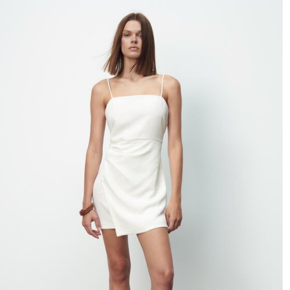 Zara Women's Sz M Square-Neck Sleeveless Spaghetti Strap Ruched Mini Dress White